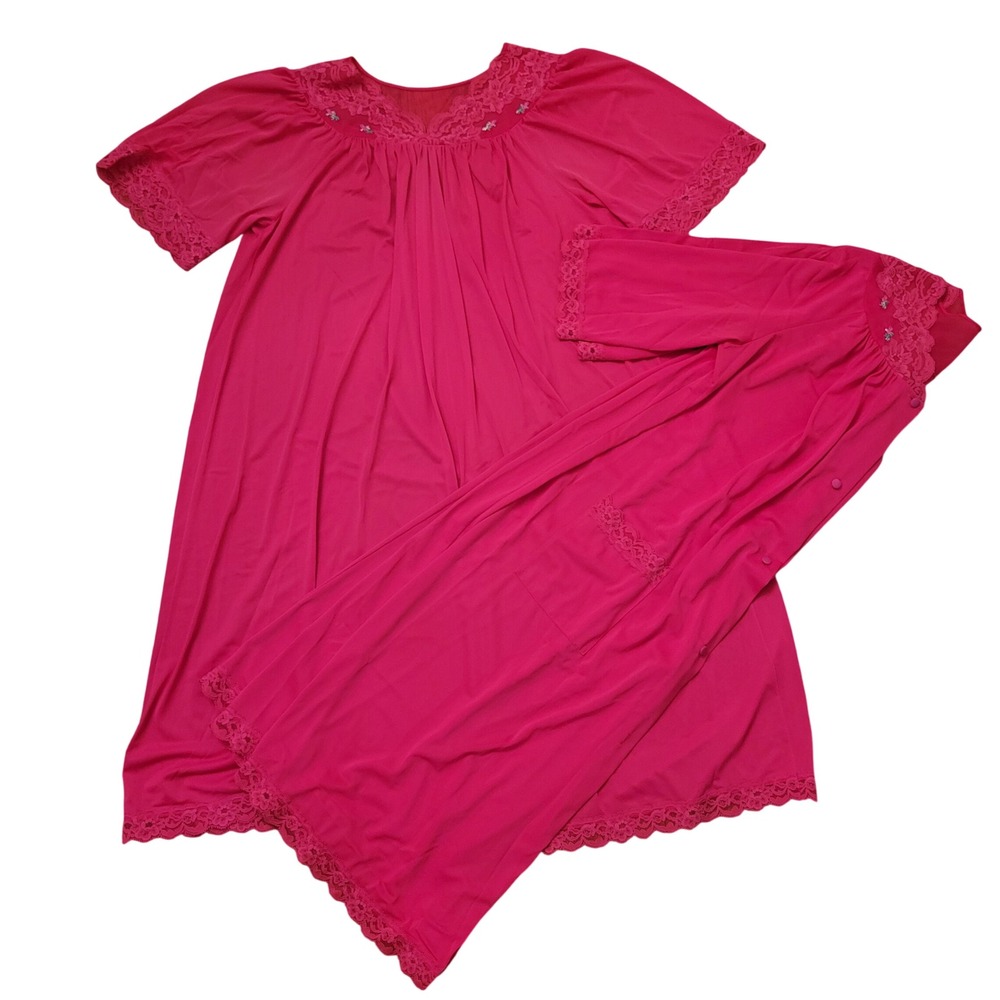 Shadowline S Robe Nightgown Set Hot Pink Vintage Sleepwear Peignoir Silky Nylon